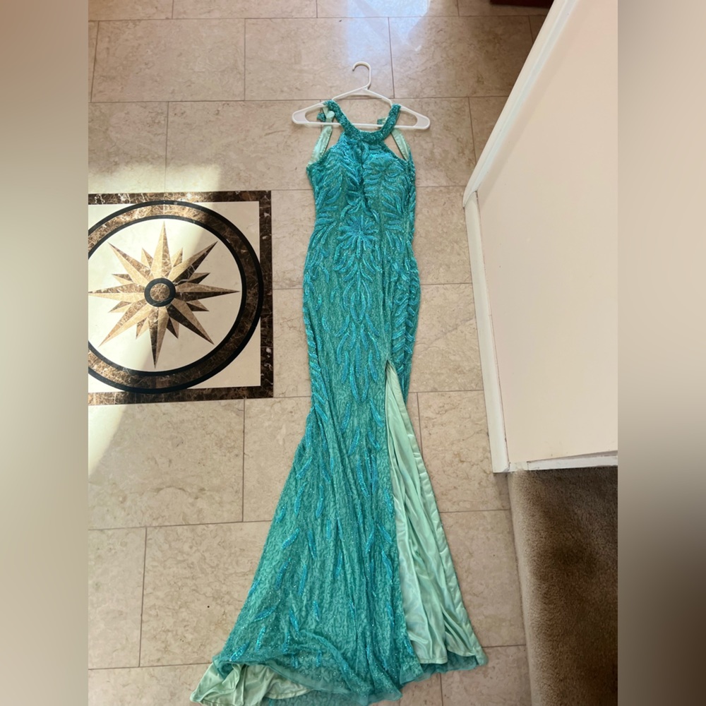 Primavera Couture Turquoise Sequin Mermaid Prom Dress